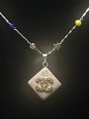 CC Gold-Accent Cream Pendant Necklace with Multicolor Beads-stamped